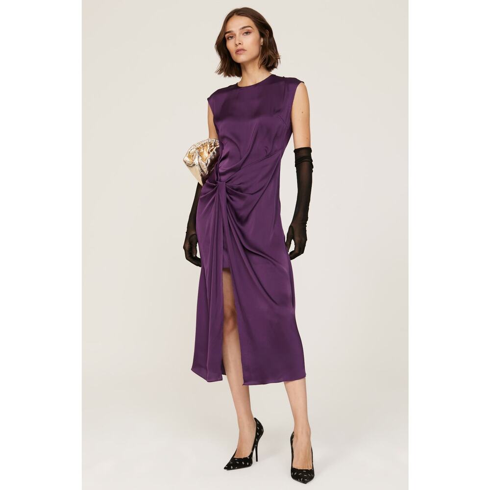 Marina Moscone‎ Satin Knot Dress Purple Front Slit Shift Sleeveless Midi Sz 4